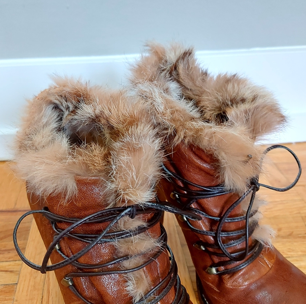 Mimosa Women Boot Size EU 38 Brown Leather Lace-Up Platform Academia Wood Chunky - Picture 9 of 12